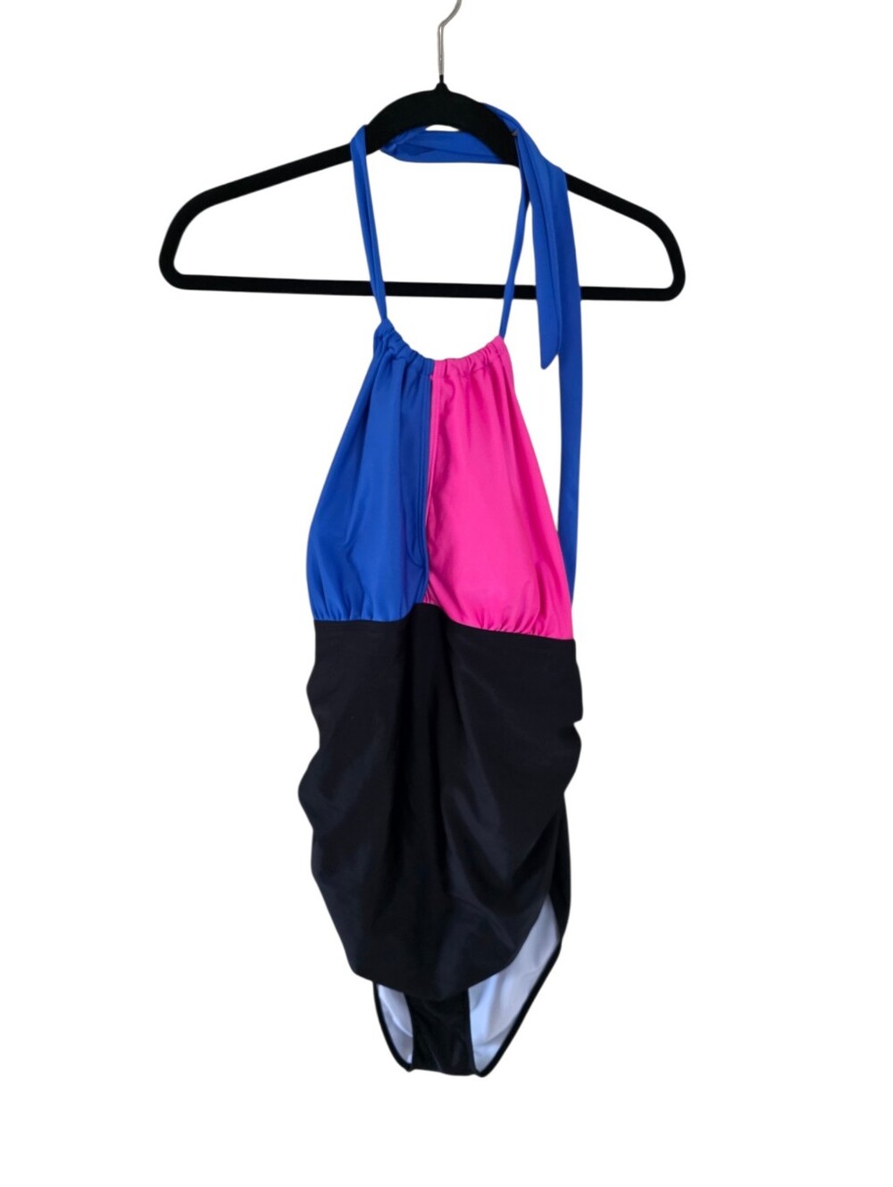Colorblock Halter One-Piece Swimsuit in Blue, Pink & Black